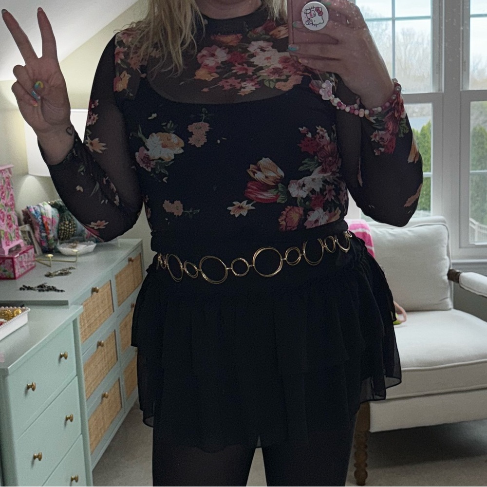 Black sheer see through floral long sleeve turtleneck